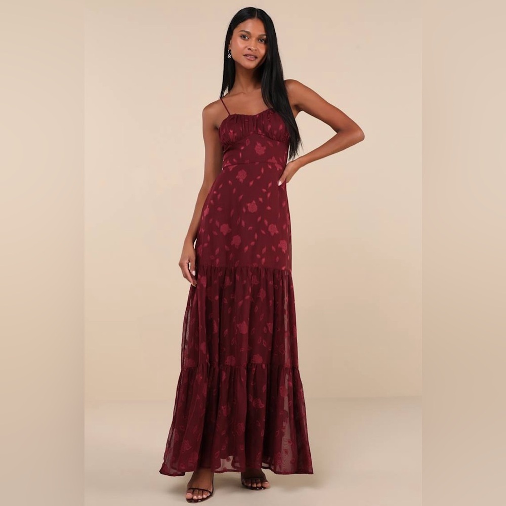 Lulus Poised Grace Burgundy Burnout Floral Bustier Tiered Maxi Dress large nwt